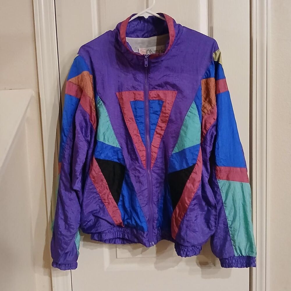 Vintage 90s Retro Color Block Purple and Multi-Color Pattern Windbreaker Jacket